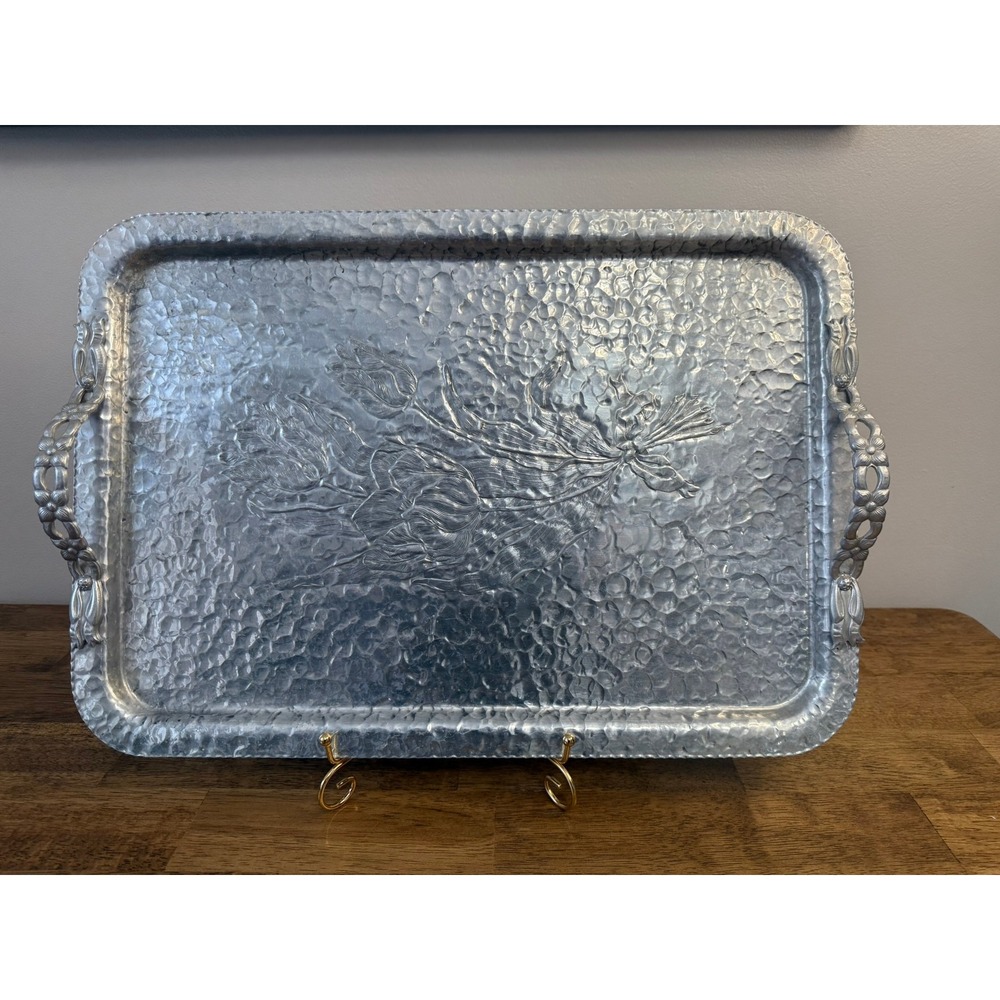 Vintage‎ Hammered Aluminum Floral Serving Tray Art Nouveau Handles Mid Century